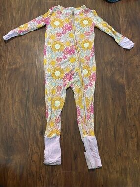 Posh Peanut Sunflower Floral Zip-Front Footie Pajamas - Pink, Yellow & White